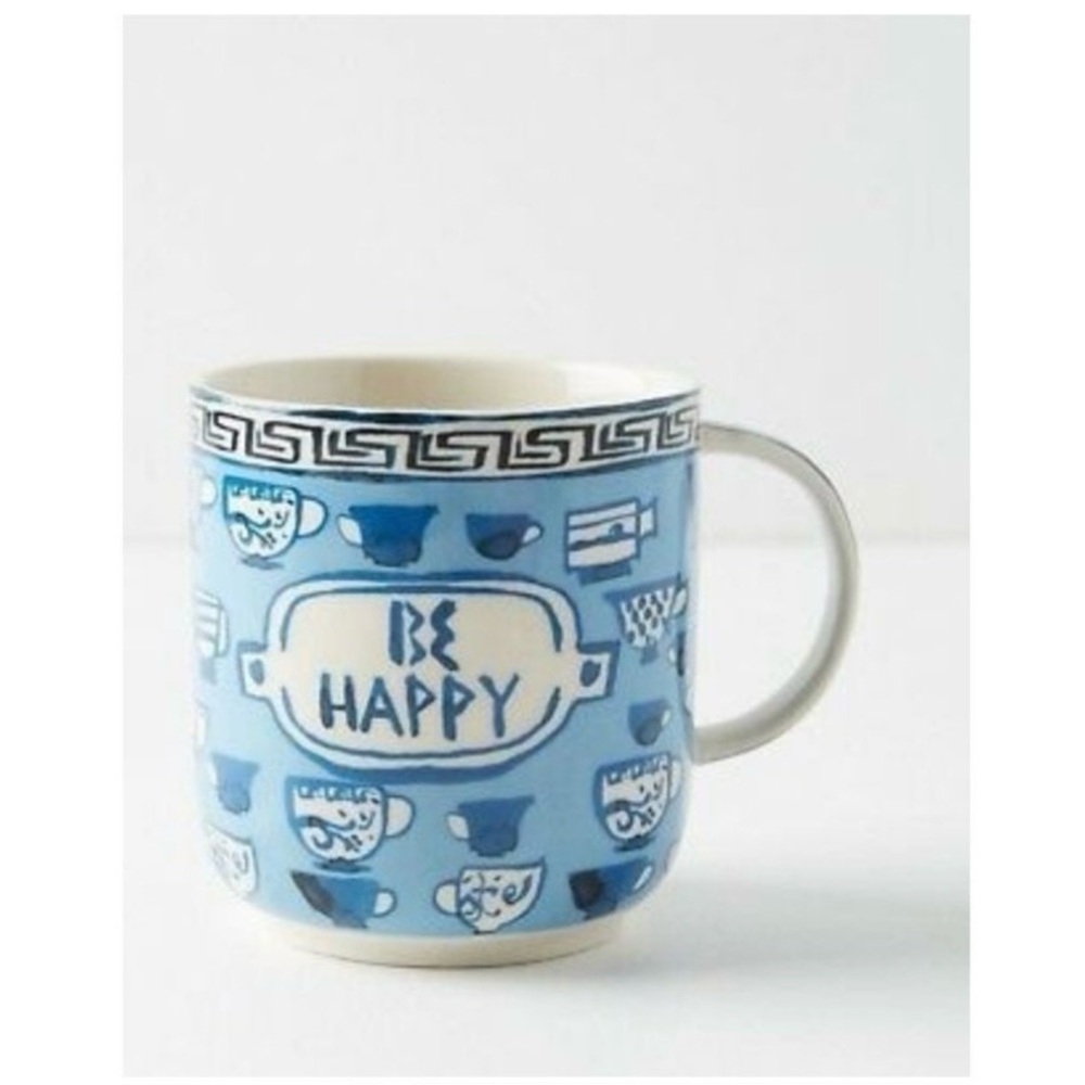 Anthro Be Happy Blue Greek Diner Mug